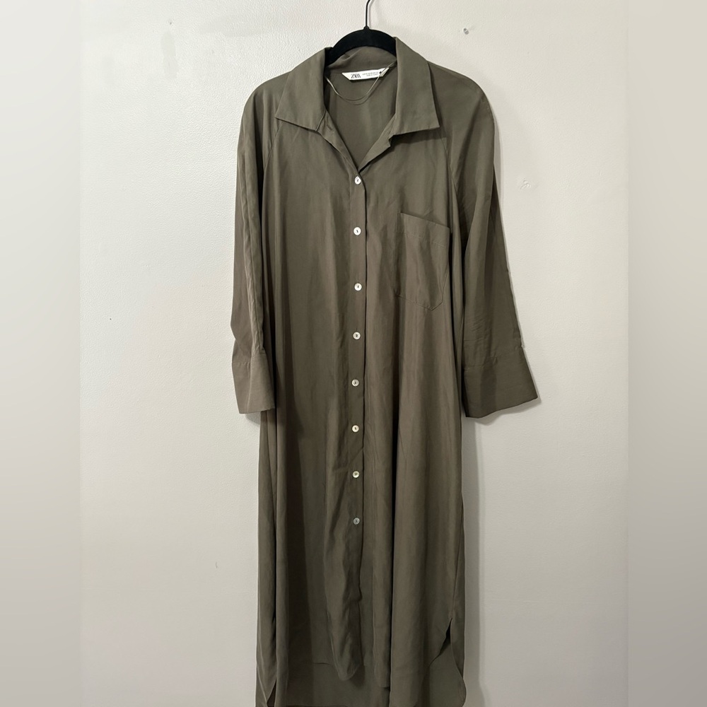 Zara Khaki Button-Up Shirt Dress